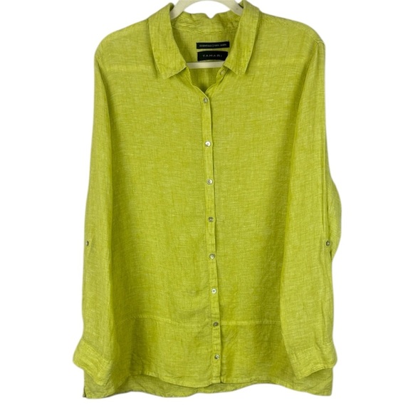 Tahari 100% Linen Oversize Vibrant Yellow Roll-Up Sleeve Blouse Size XL - Picture 1 of 9